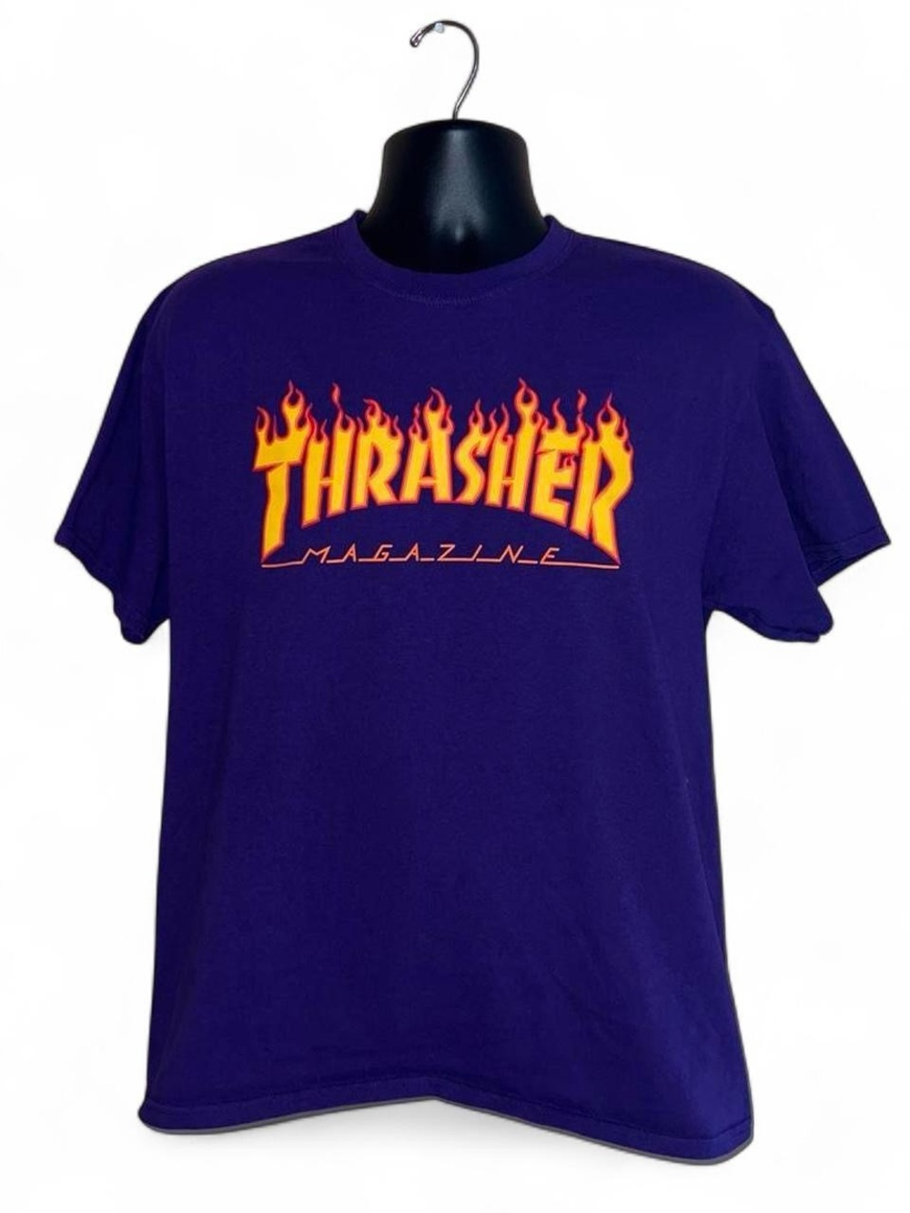Thrasher Purple Tee with Yellow-Orange Flame Logo